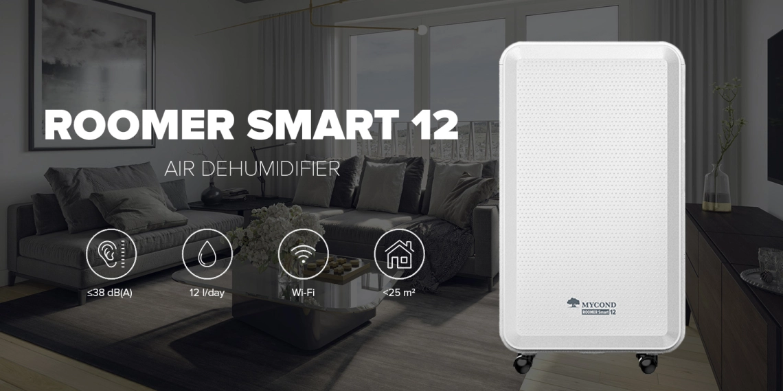 En kompakt MyCond Roomer Smart 12-affugter designet til indendørs brug i boliger.