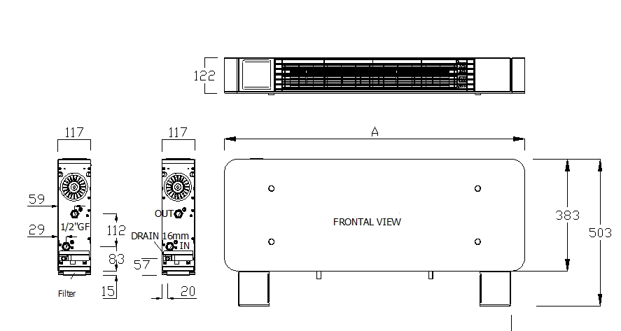 Diagram over dimensioner for MyCond silver glass low series gulvstående ventilatorkonvektorer.