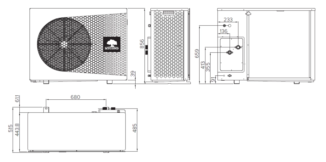 Diagrammet viser dimensionerne på den kompakte MyCond BeeThermic monoblok-varmepumpe.