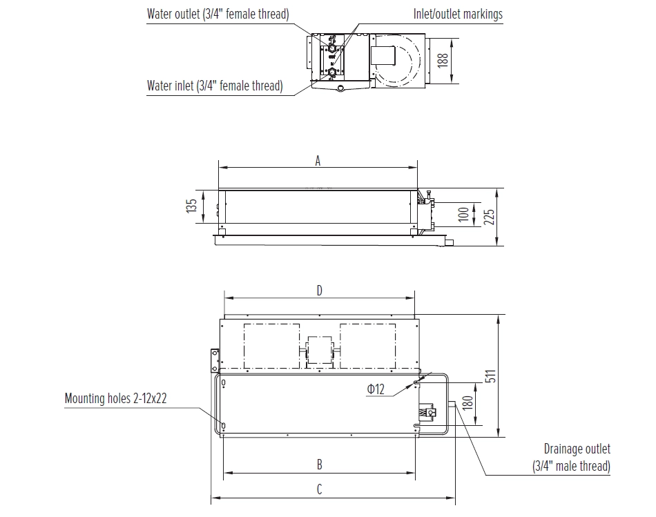 Diagram, der viser dimensioner på Medium ESP kanalventilatorkonvektorer i MyCond MCFC-serien.