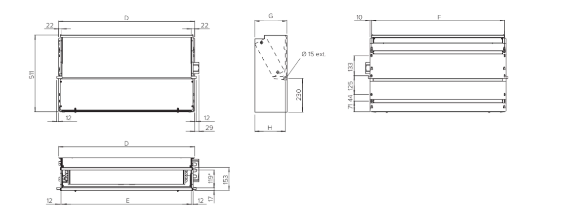 Diagram, der viser dimensionerne på MyCond SEC/F-seriens ventilatorkonvektor.