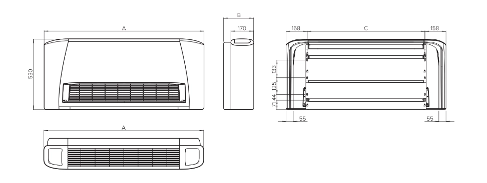 Diagram, der viser dimensionerne på MyCond SEC/F-seriens ventilatorkonvektorer.