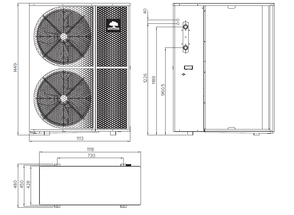 Dimensioner og specifikationer for MyCond BeeThermic udendørsenhed.