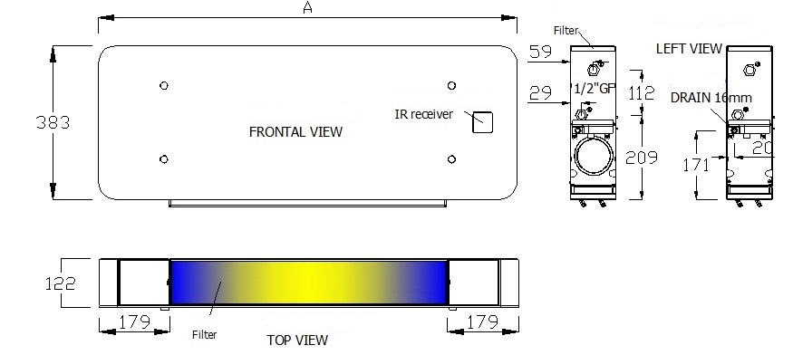 Mål og vægt på MyCond Silver Glass Wall-ventilatorkonvektorerne.
