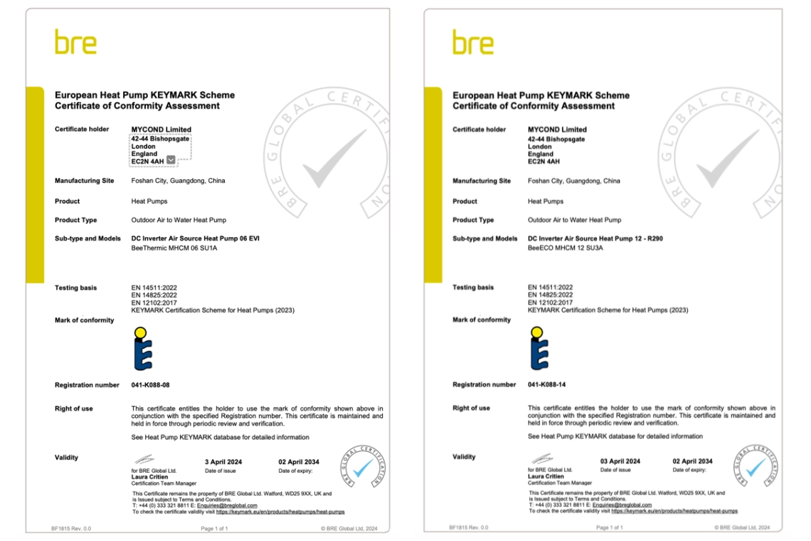 Mycond varmepumper certificeret af Keymark for effektivitetsoverholdelse.