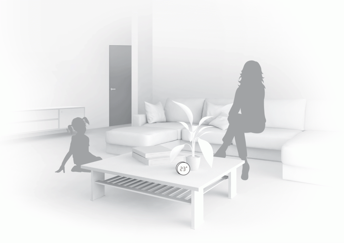 Illustration af MyCond Zigbee temperatur- og fugtighedssensor i brug.