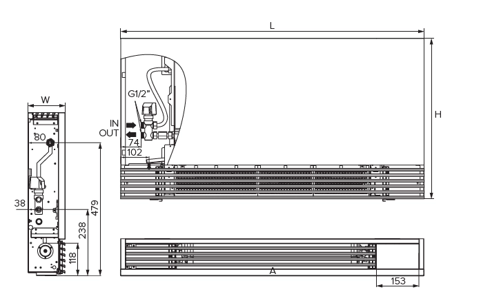 MyCon Silent Diagram, der viser dimensioner på gulvstående ventilatorkonvektorer i Silent-serien.