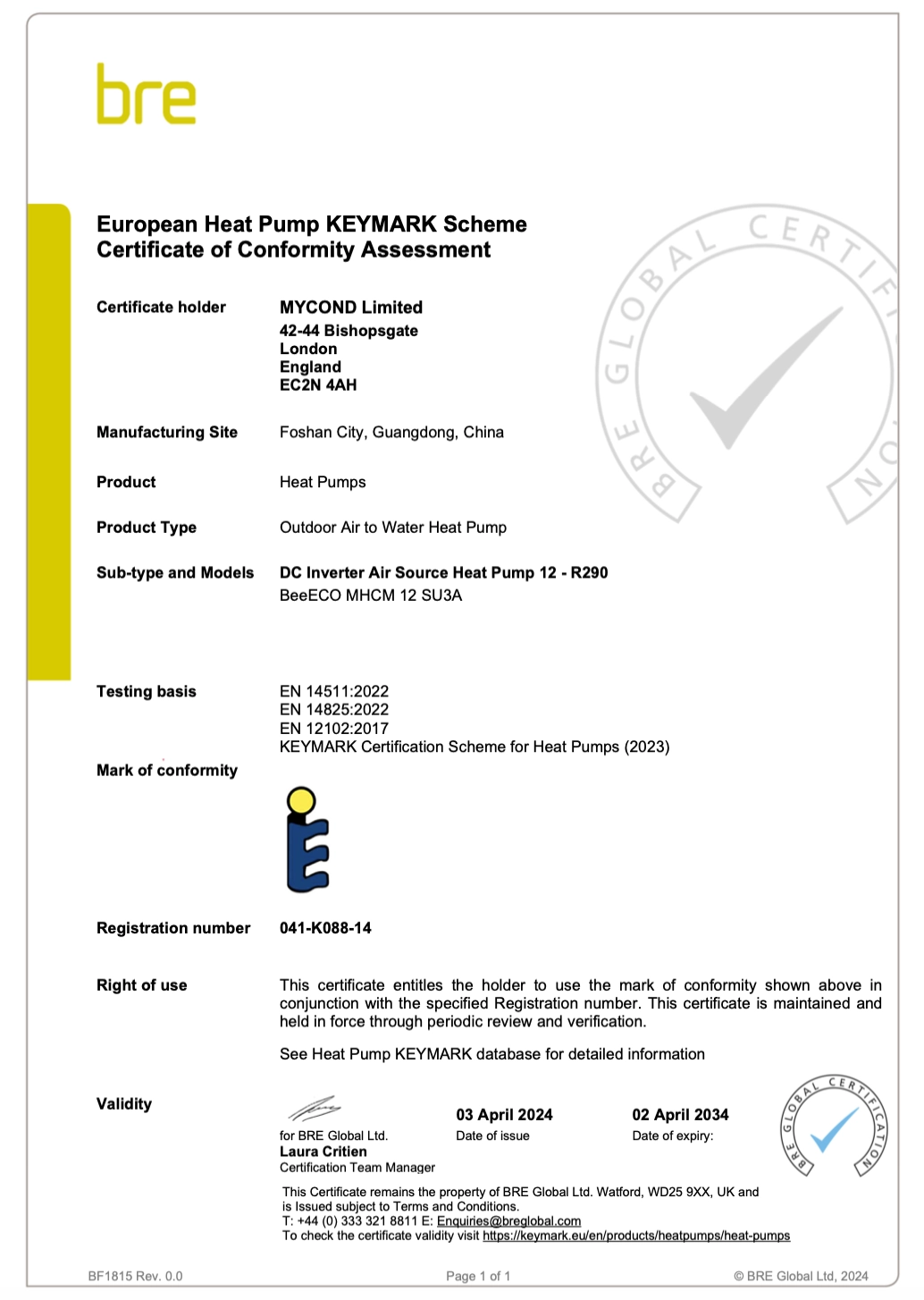 Mycond BeeEco overensstemmelsescertifikat KEYMARK