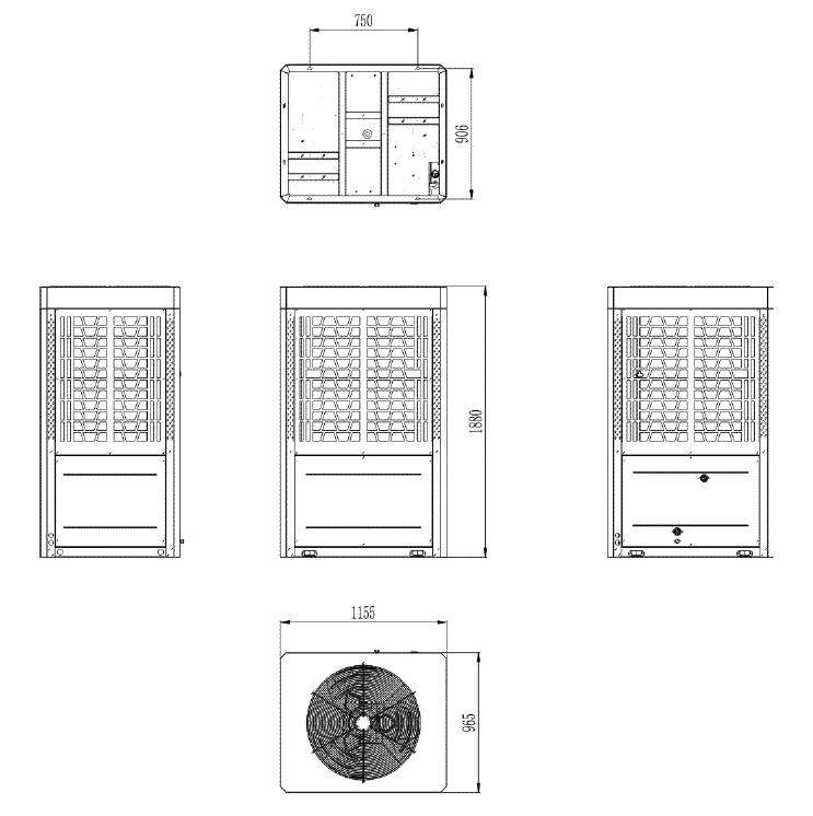 MyCond-diagram, der viser dimensioner på propan MCU-YHP-udvidelsesmoduler.