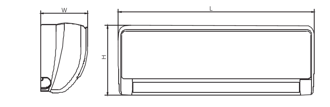 MyCond Diagram, der viser dimensioner på vægmonterede ventilatorkonvektorer fra MHW-serien.