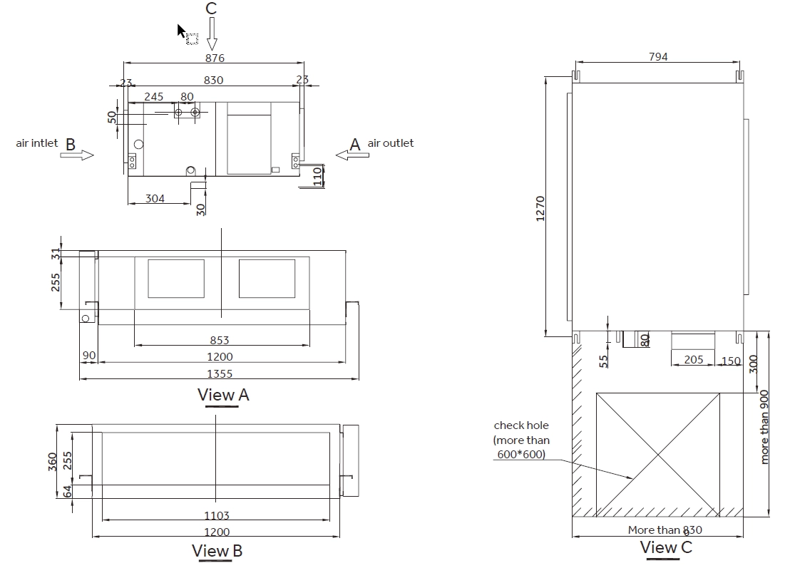 MyCond Fresh-luftkanalens samlede dimensioner