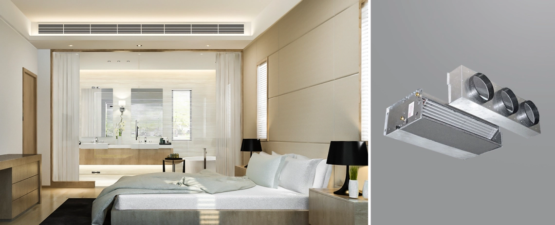 MyCond HPL Et moderne hotelværelse med en medium ESP kanalventilator.