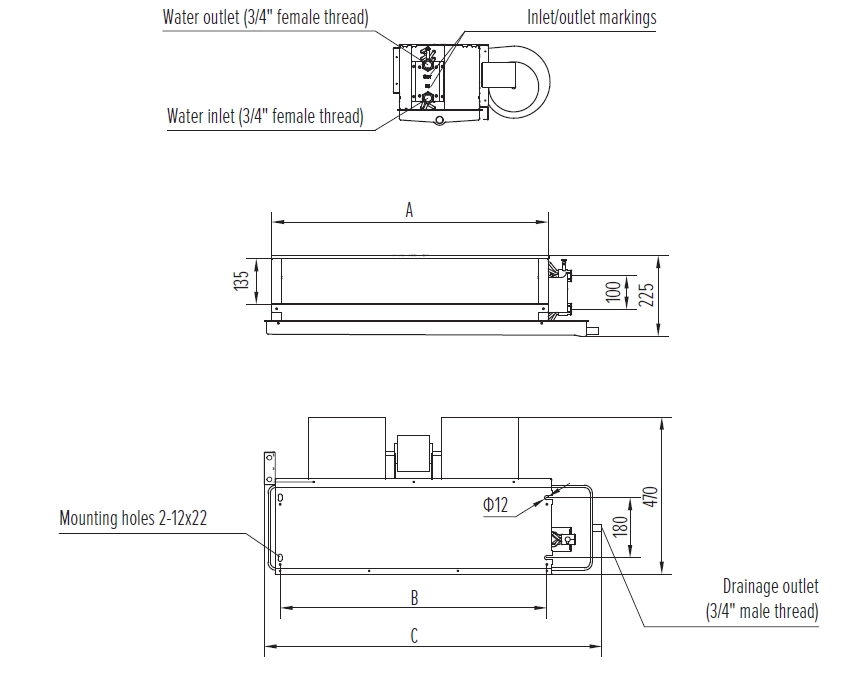 MyCond MCFC Diagram over Medium ESP fan coil-enhedens dimensioner og specifikationer.
