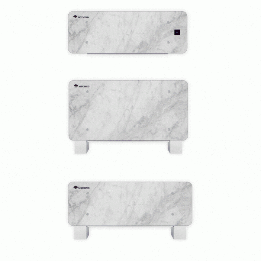 MyCond Silver Glass Low Designer gulvstående ventilatorkonvektor med en moderne sølvfarvet glasfinish.