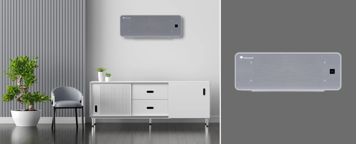 MyCond Silver Glass Wall Ultratynd ventilatorkonvektor med sølvglasdesign og intuitiv betjening.